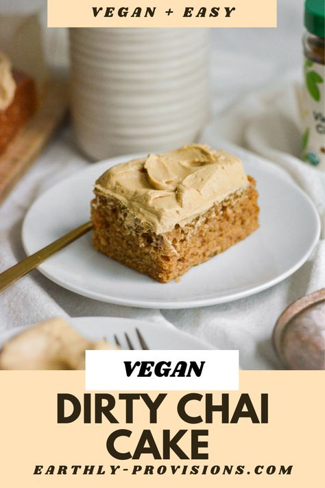 Get ready for the coziest treat ever - our Vegan Dirty Chai Latte Cake! It's crazy moist and packed with masala chai spices. And oh, that light, fluffy vegan coffee frosting on top? Mind-blowing. The perfect vegan spice cake for Fall and Winter. Chai Cake Vegan, Best Vegan Desserts Easy, 6 Inch Vegan Cake, Vegan Chai Dessert, Vegan Snack Cake, Chai Coffee Cake, Vegan Cakes Birthday, Chai Spiced Cake, Vegan Recipes Baking