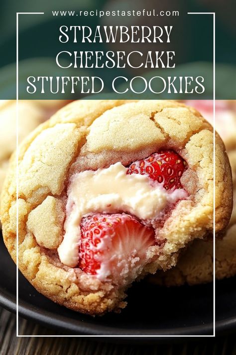 Indulge in the delightful combination of soft, chewy cookies stuffed with a creamy strawberry cheesecake filling. These Strawberry Cheesecake Stuffed Cookies are a perfect treat for any occasion, offering a deliciously fruity twist that will satisfy your sweet tooth! Strawberry Stuffed Cheesecake, Cake Stuffed Cookies, Cheesecake Stuffed Cookies, Stuffed Cheesecake, Strawberry Cheesecake Filling, Soft Chewy Cookies, Cookies Stuffed, Rich Cheesecake, Healthy Dessert Options