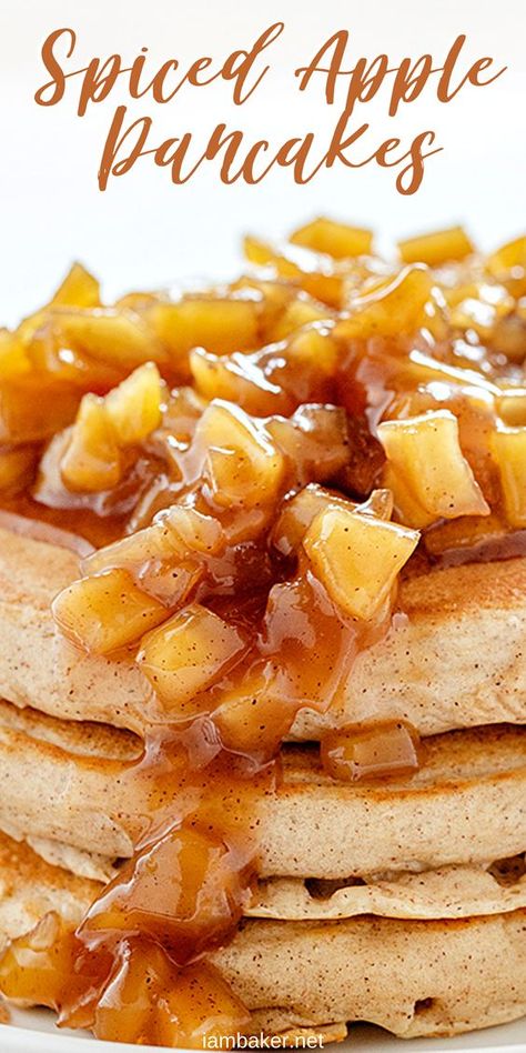 Light and fluffy apple pancakes topped with an apple topping make these Spiced Apple Pancakes too good to pass up! #spicedapplepancakes #homemadeapplepiespice #applepiespice #applespice #iambaker #comfortfood #hotbreakfast #pancakes #johnnycakes #hotcakes #breakfast #weekendbreakfast Pancakes With Apple Topping, Apple Topping For Waffles, Apple Spice Pancakes, Apple Butter Pancakes, Apple Pie Pancakes Recipes, Fancy Pancakes Ideas, Pancakes With Apples, Apple Banana Pancakes, Different Kinds Of Pancakes