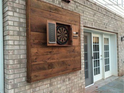 Outdoor Dart Board, Dartboard Setup, Dart Backboard, Dart Board Wall, Wooden Accent Wall, Colorful Backsplash, Large Chalkboard, Home Maintenance Checklist, Beautiful Bars