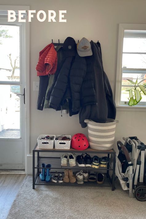 Small Entryway Shoe And Coat Storage Ideas, Entryway Jacket Storage, Hide Coats Entryway, Entryway Ideas Backpacks, Hooks For Jackets Entryway, Where To Hang Coats With No Closet, Backpack Shoe Station, No Entryway Closet Solutions, No Closet Coat Storage