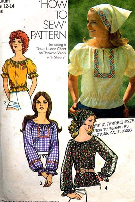 70s Moodboard, 70s Closet, Retro Fabric Patterns, Boho Clothing Style, Peasant Top Pattern, Peasant Blouses Pattern, 1970s Fabric, Hippie Things, Simplicity Patterns Dresses