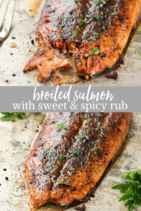 Broiled Salmon with Sweet and Spicy Rub is an easy broiled salmon recipe topped with a simple salmon rub.  It's a healthy dinner that comes together in minutes! #salmon #healthydinner #salmonrub #glutenfree Broiled Salmon Recipes, Salmon Rub, Salmon Recipes Baked, Salmon Recipes Pan Seared, Salmon Recipes Baked Healthy, Broiled Salmon, Healthy Salmon Recipes, Salmon Seasoning, Spicy Salmon