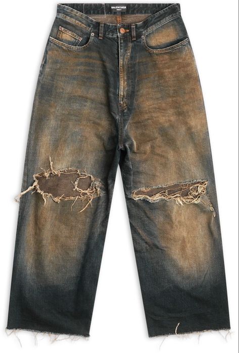 Balenciaga Ripped Jeans, Balenciaga Denim Pants, Homemade Jeans, Mens Wide Leg Jeans, Balenciaga Pants, Balenciaga Jeans, Skate Fits, Visual Archive, Denim Pants Fashion