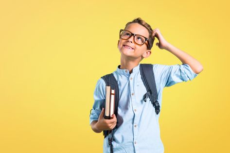 Student boy with backpack and glasses standing and thinking an idea. back to school Premium Photo Confused Face, Cute Owls Wallpaper, Black Friday Sale Banner, Photography Student, Powerpoint Background Design, Boys Backpacks, Smart Kids, Face Expressions, Graphic Design Advertising