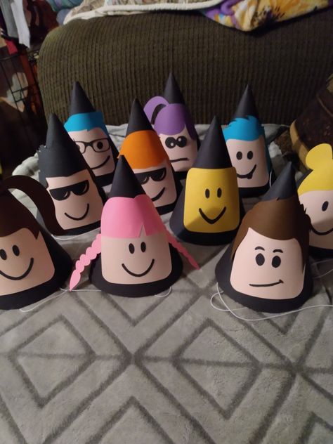 Made my little guy some party hats for his upcoming Roblox birthday party! Roblox Birthday Centerpieces, Adopt Me Roblox Party Ideas, Roblox Party Theme Ideas, Roblox Birthday Party Favors, Birthday Roblox Party Ideas, Roblocks Birthday Party Ideas, Roblox Crafts For Kids, Roblox Diy Party, Roblox Birthday Party Ideas Diy