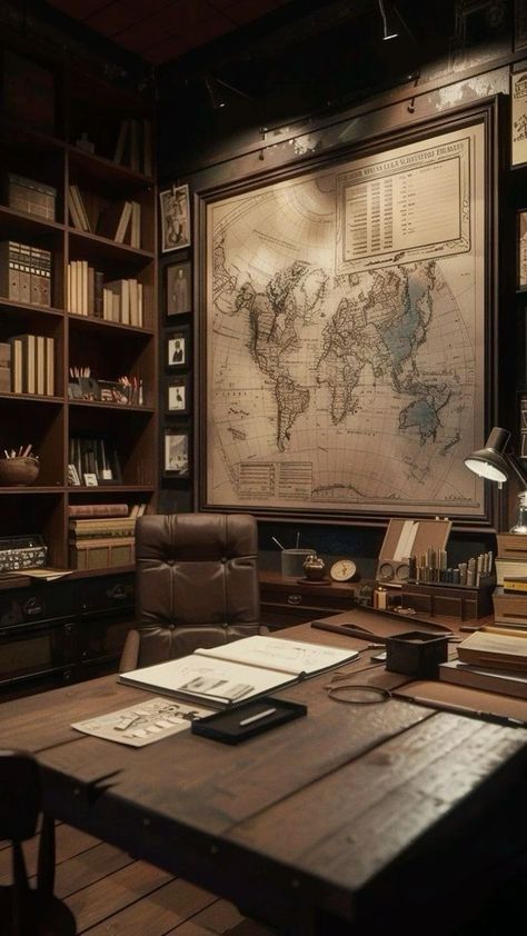 British Explorer Aesthetic, Library Room Ideas Vintage, Study Room Decor Vintage, Soft Masculine Aesthetic, Authors Office, Steampunk Room Ideas, Post Office Interior, Detectives Office, Map Room