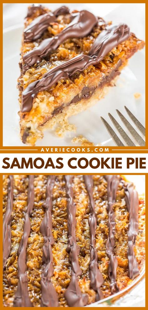 Samoa Pie Recipe (Girl Scouts Cookie Pie!) - Averie Cooks Samoa Cookie Bars, Samoa Girl Scout Cookie Recipe, Samoa Cookie Cake, Thanksgiving Pie Desserts, Samoas Cookie Pie, Homemade Samoa Cookies, Pie Ideas Creative, Somoa Cookies Recipe, Samoas Cookies Recipe