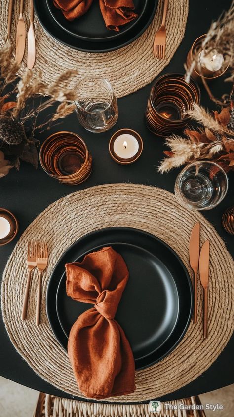 Fall and Thanksgiving Tablescapes for Round Tables: Setting the Perfect Table - The Garden Style Black Fall Table Setting, Black Fall Tablescape, Thanksgiving Table Settings Black Plates, Place Setting For Thanksgiving, Black Tablecloth Thanksgiving, Wedding Table Setting Ideas Round, Thanksgiving Dinner Setting, Black And Orange Thanksgiving Table, Black And Orange Table Setting