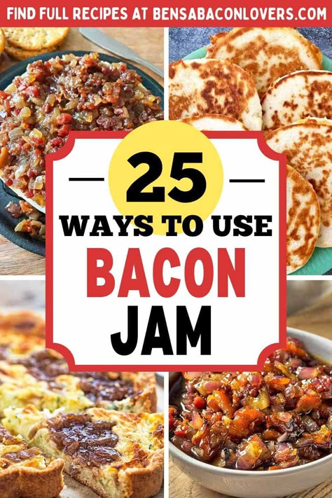 Bacon jam with cheese and crackers, in quesadillas, in quiche, and in a serving bowl. Bacon Jam Recipe Delish, Apple Maple Bacon Jam, How To Use Bacon Jam, What To Do With Bacon Jam, Hot Pepper Bacon Jam Uses, Uses For Bacon Jam, Appetizers With Bacon Jam, Bacon Jam Appetizer Snacks, Bacon Jam Uses