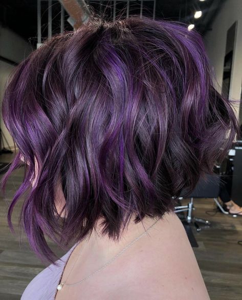 Short Curly Hair Purple Highlights, Purple Hair Brown Roots, Black And Purple Hair Short, Lob Undercut, Short Violet Hair, Bob With Purple Highlights, Purple Hair Short, 2a Hair, Short Purple Hair