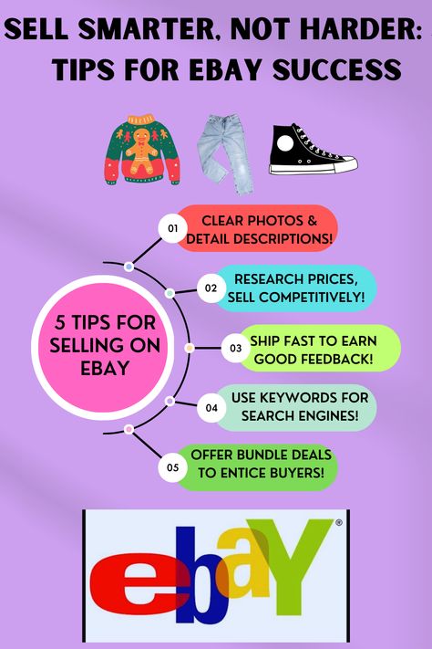 5 Tips for Selling on Ebay: Make money online today! 1. Clear photos, detailed description, sold! 2. Research prices, set competitive starting bid. 3. Ship promptly, earn good feedback score. 4. Use relevant keywords for search optimization. 5. Offer bundle deals, entice buyers. Click the link to set up your ebay account & start selling right now! Ebay Selling Tips, Reselling Clothes, Account Recovery, Ebay Account, Selling Photos, Selling Tips, Ebay Selling, Start A Business, Handmade Journal