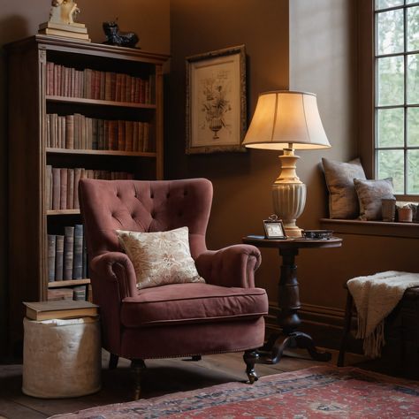 ⚠️LINK IN BIO⚠️ A cozy vintage-style reading corner with a comfortable armchair, antique bookshelf, and a soft, warm rug for an inviting atmosphere. #ReadingCorner #Vintage #Cozy #AntiqueBookshelf #WarmRug Reading Corner Moody, Cozy Armchair Reading Corners, Vintage Reading Corner, Bedroom With Armchair, Reading Nook In Bedroom, Light Academia Bedroom, Dakota House, Den Inspiration, Bedroom Armchair