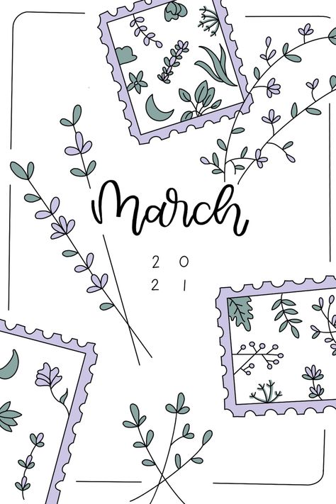 Months Cover Page, March Journal Cover Page, March Scrapbook Ideas, March Reading Journal, March Journal Page, March Title Page, March Bujo Ideas, Boulet Journal March, March Planner Ideas