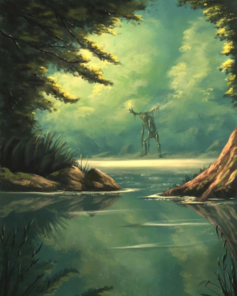 Forest ent water lake green fantasy art drawing painting illustration sketch design Lake Scene Drawing, Green Forest Fantasy Art, Forest With Lake Drawing, How To Draw Lake Water, Fantasy Nature Drawing, Fantasy Illustration Art Scenery, Cute Forest Painting, Lake Drawing Reference, Lake Illustration Water