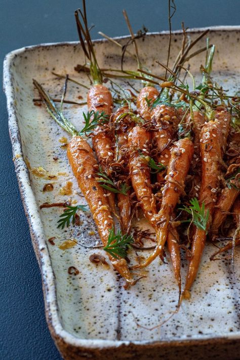 Miso Glazed Carrots, Maple Carrots, Plant Based Dinner Recipes, Maple Roasted Carrots, Maple Glazed Carrots, Glazed Carrots Recipe, Solstice Party, Rhubarb Compote, Miso Butter