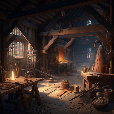 Midjourney - A large fantasy medieval workshop with a large forge in the middle, mechanical mill wheels, cranes, woodtools, crossbows, cozy corner with soft chairs, warm ligthing. Medieval Forge Concept Art, Medieval Workshop Aesthetic, Blacksmith Workshop Concept, Medieval Interior Concept Art, Fantasy Tinkerer Workshop, Fantasy Forge Art, Blacksmith Workshop Concept Art, Blacksmith Forge Fantasy Art, Fantasy Workshop Concept Art