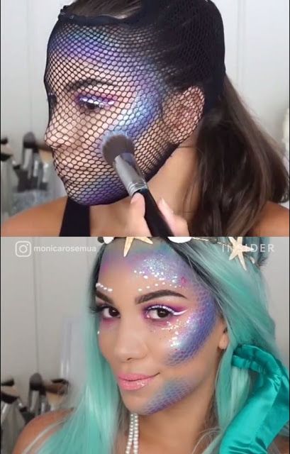 Cut Crease Glitter, Carnaval Make-up, Mermaid Makeup Halloween, Fantasy Make-up, Halloween Make-up Looks, Halloweenský Makeup, Mermaid Halloween, Costumes Kids, Mermaid Makeup