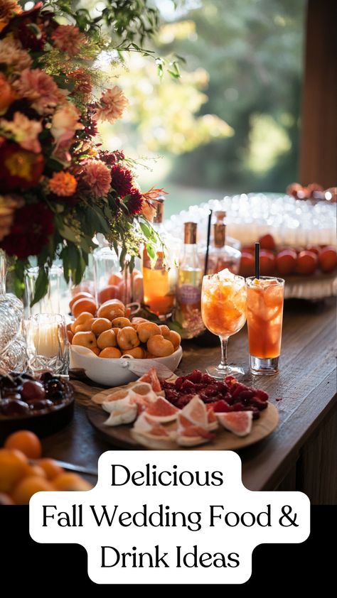 Cozy fall wedding food and drink ideas featuring seasonal cocktails and comfort dishes for a September celebration. Fall Wedding Buffet Ideas, Fall Wedding Food Ideas Buffet, Fall Wedding Menu Ideas, Outdoor Wedding Foods, Fall Wedding Food, Fall Dinner Menu, Fall Wedding Drinks, Fall Cocktail Party, Fall Wedding Menu