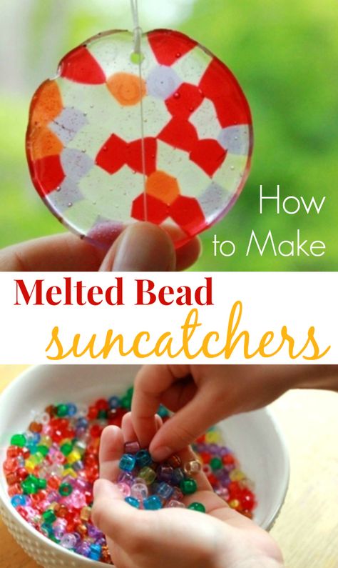 How to Make Melted Bead Suncatchers from kids plastic pony beads. Beautiful!! (Make sure to see the tips for safety and success.) Melted Bead Suncatcher, Bead Suncatchers, Melted Beads, Summer Crafts For Kids, Melting Beads, Childrens Crafts, Kid Activities, Pony Beads, Kid Crafts