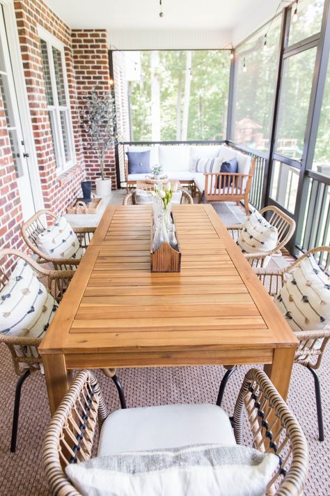 Porch With Table And Seating Area, Long Table On Porch, Screened Patio Dining Table, Screened In Porch With Dining Table, Screen Porch Dining Table, Screened Porch Dining Area, Screened In Porch Dining Room, Sunroom Table And Chairs, Screened In Porch Dining Area