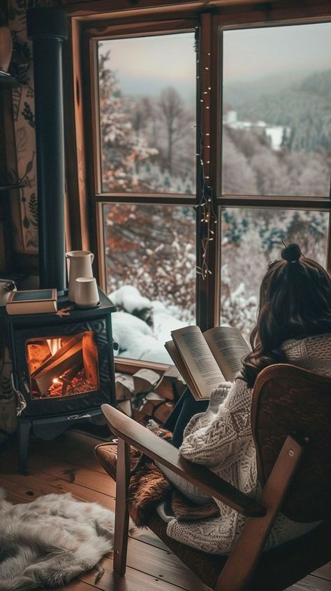 Tranquil cabin winter reading nook with cozy blanket, fireplace, and snowy tree view. Winter Reading, Winter Cabin, Winter Love, Winter Magic, Winter Beauty, Cozy Fireplace, Reading A Book, Cabin Life, Cozy Reading Nook