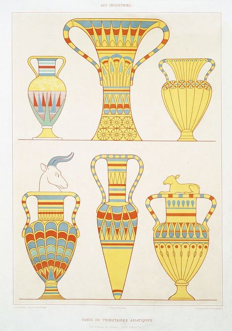 Asian tributary vases from Histoire de l'art égyptien (1878) by Émile Prisse d'Avennes. Original from The New York Public Library. Digitally enhanced by rawpixel. | free image by rawpixel.com / New York Public Library (Source) Loxodon Cleric, Egyptian Artwork, Life In Ancient Egypt, Egyptian Pattern, Egyptian Motifs, Kemet Egypt, Amenhotep Iii, Art Deco Vases, Pottery Inspo