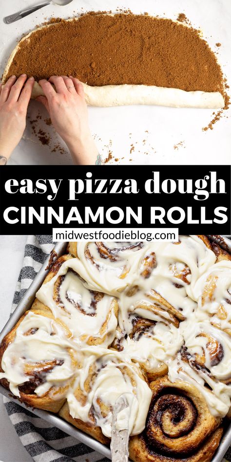 Refrigerated pizza dough makes these cinnamon rolls easy to prepare in just 15 minutes! Let the sweet smell of homemade cinnamon rolls fill your kitchen this weekend. Pizza Dough Cinnamon Rolls, Easy Cinnamon Rolls, Pizza Buffet, Cinnamon Rolls With Cream Cheese, Cinnamon Rolls With Cream, Pasta Per Pizza, Easy Pizza Dough, Cinnamon Rolls Easy, Cinnamon Rolls Homemade