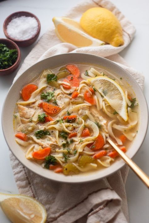 Lemon Ginger Chicken Noodle Soup - Our Balanced Bowl Lemon Ginger Chicken Soup, Ginger Chicken Noodle Soup, Seafood Pasta White Wine, Carrot And Celery Soup, Lemon Ginger Chicken, Ginger Chicken Soup, Honey Baked Ham Recipe, Asian Ingredients, Homemade Broth