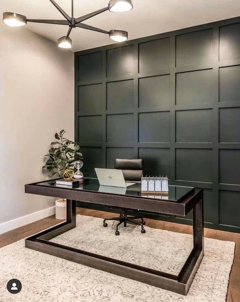 Dark Green Panelling Office, Green And Black Office Design, Office With Feature Wall, Home Office Ideas Dark Green Walls, Dark Bedroom Office, Man Office Accent Wall, Gray Green Office Walls, Green Wall Office Interior, Green Panelling Office