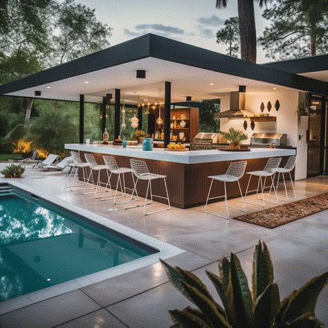 21 Stunning backyard pool and kitchen ideas to copy Modern Outdoor Backyard, U Shape Bar Design, Backyard With Kitchen, Desert Backyard Ideas, Backyard Bar Ideas, Pool Entertainment Area, Backyard Living Spaces, Pool Bar Ideas, Phoenix Backyard