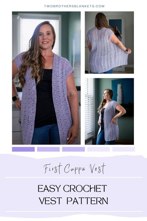 Introducing the First Cuppa Vest, a versatile and stylish crochet pattern designed to be your go-to layering piece for any season. Crafted with lightweight sport (2) weight yarn, this vest pattern offers the perfect blend of comfort and elegance, draping beautifully over your favorite tops. The First Cuppa crochet vest pattern has instructions for 5 sizes, ranging in bust from 34″ to 66″. The vest has approx 4-8″ positive ease. You can view this easy crochcet vest pattern free on my blog. Crochet Plus Size Vest Pattern Free, Diy Crochet Vest Pattern Free, Crochet Sleeveless Cardigan Pattern Free, Crochet Vest Pattern Free Woman Simple, Easy Crochet Vest Pattern Free For Women, Crochet Vests Free Patterns, Crochet Waistcoat Pattern Free, Crochet Vest Pattern Free Boho, Crochet Vest Pattern Free Woman