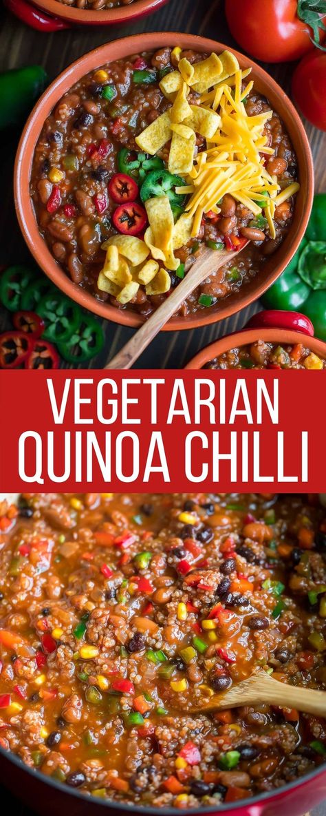 Collage of vegetarian quinoa chili with toppings Vegetarian Taco Chili, Vegetarian Chili With Quinoa, Healthy Vegetarian Chili, Veggie Chili Recipe, Meatless Chili Recipe, Sliced Jalapeno, Vegetarian Quinoa Recipes, Vegetable Chili Recipe, Vegan Quinoa Chili