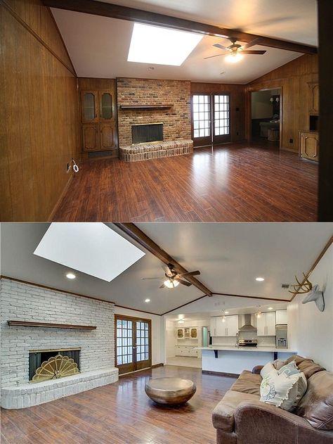 House remodel on a budget! These before and after pictures are amazing and full of DIY ideas. Love this living room! #livingroomremodeling Paneling Makeover, Ranch House Remodel, House Before And After, After Pictures, Diy Renovation, Living Room Remodel, Flipping Houses, Lounge Decor, House Remodel