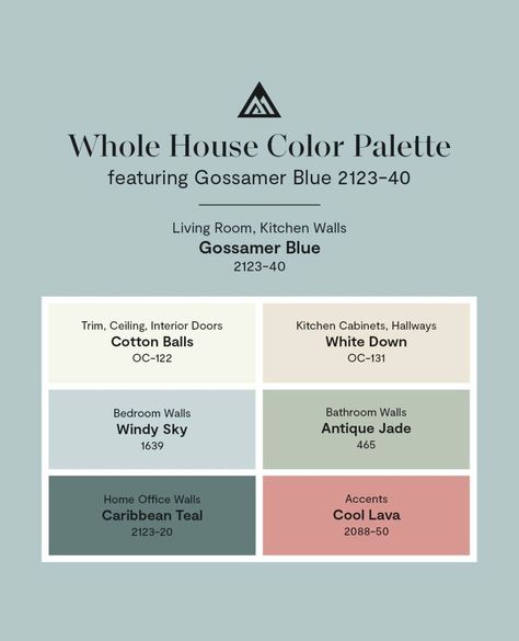 Wallauer Paint, Hardware & Design | Beat the heat with a cool, refreshing whole house color scheme anchored by Gossamer Blue 2123-40, a balanced mix of gray, blue and green... | Instagram Blue Whole House Color Scheme, Playroom Color Scheme, Whole House Color Scheme, Teal Palette, Paint Hardware, House Paint Ideas, Gossamer Blue, Havenly Living Room, Green Instagram