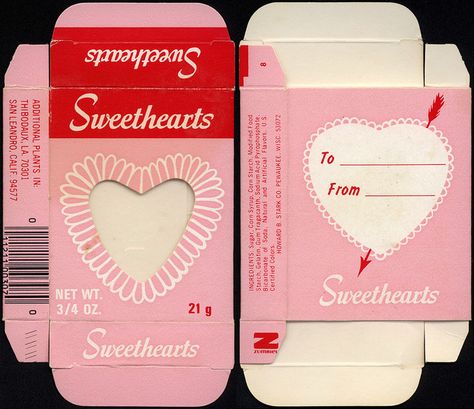 Stark - Sweethearts - Valentine's candy box - circa 1976 by JasonLiebig, via Flickr Paper Toys Template, Candy Packaging, 카드 디자인, Valentine Candy, Vintage Candy, Images Vintage, Converse With Heart, Box Template, Tag Design