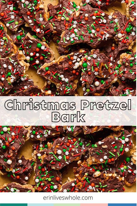 Pretzel Christmas Crack is a simple, quick, and delicious way to get into the festive holiday spirit! Made with only 7 ingredients, this easy treat comes together quickly. It's perfect for keeping on hand as a holiday sweet treat, or for sending to school for the kids' class parties! Cookie Recipe With Pretzels, Christmas Chocolate Pretzel Bark, Christmas Toffee Pretzels, Christmas Crackers Recipe Pretzel Toffee, Pretzel Christmas Desserts, Pretzel Brittle Recipes, Christmas Pretzel Cracker Toffee, Christmas Pretzel Treats Simple, Square Pretzel Treats Christmas