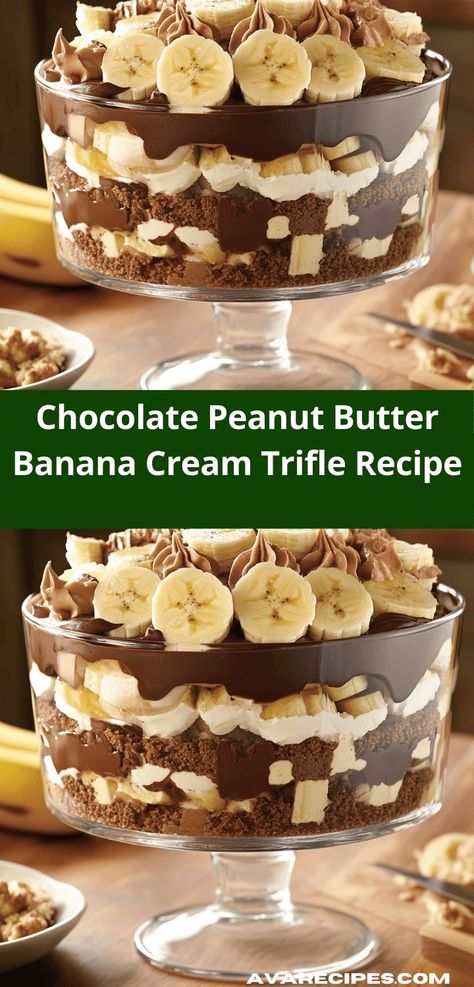 Need a show-stopping dessert for your next celebration? Discover the Chocolate Peanut Butter Banana Cream Trifle, a simple yet impressive recipe that combines luscious flavors. It's the perfect sweet treat for any occasion! Banana Cream Trifle, Assorted Cheesecake, Cookie Recipes Fun, Dessert Ideas Simple, Creative Dessert Ideas, Banana Trifle, Unique Recipes Desserts, Perfect Cheesecake Recipe, Perfect Cheesecake