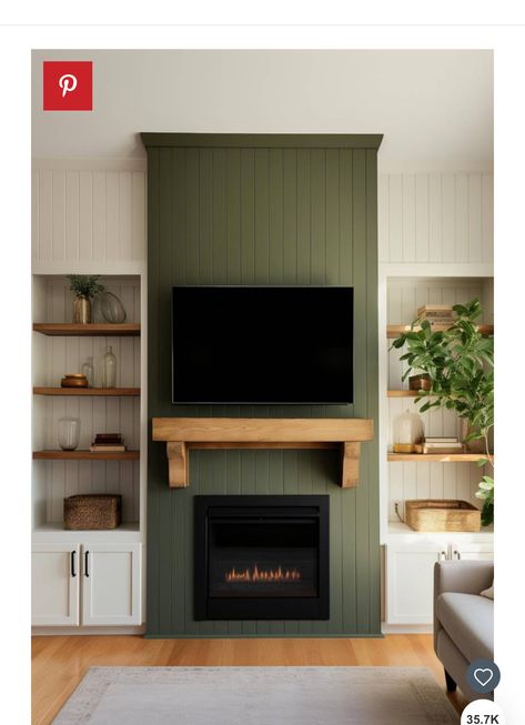 Sage Green Media Wall, Green Wall Fireplace, Green Shiplap Wall Living Room, Green Tv Wall Living Room, Sage Green Fireplace Wall, Dark Green Fireplace Wall, Green Shiplap Fireplace, Green Media Wall, Sage Green Fireplace