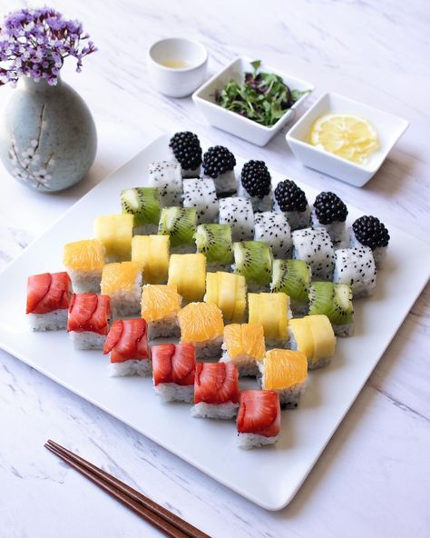 sushiartisan on Instagram: “The sushi standard is savory and in pursuit of sweet innovation, I whipped up this weekend set. Introducing the fruit roll up: fresh summer…” Sweet Cream Cheese Filling, Fruit Sushi, Dessert Sushi, Fruit Crafts, Sushi Recipe, Fruit Roll, Fruit Roll Ups, Asian Noodle, Sushi Recipes