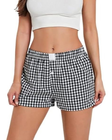 Meihuida Women Gingham Boxer Shorts Y2k Cute Stripes Plaid Button Elastic Waist Lounge Boxers Black S at Amazon Women’s Clothing store Gingham Pajamas, Boxer Shorts For Women, Boxers For Women, Sleep Shorts, Lounge Shorts, Pajama Bottoms, Boxer Shorts, Inspiration Style, Amazon Women