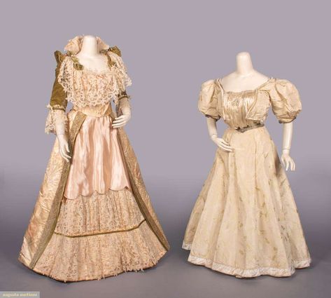 Two Labeled Patterned Silk Evening Gowns, New York, Augusta Auctions,  December 4th, 2024 - Vintage Winter Wonderland 1890 Dress, 19th Century Women, Augusta Auctions, Silk Evening Gown, 1890s Fashion, December 4th, Velvet Sleeve, Historical Dress, 19th Century Fashion