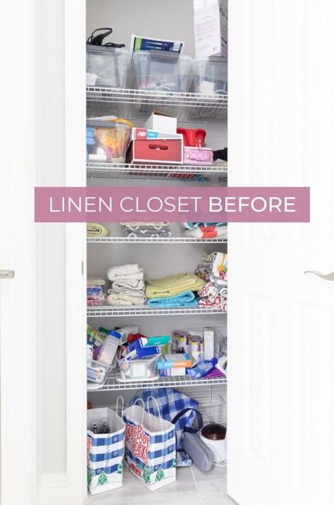 Do you want to makeover a linen closet and organize it beautifully? This post is for you! This organization idea and design uses bins and baskets to provide plenty of storage options on the linen closet shelves. Sheets, towels, travel accessories, hair appliances, medicines, and more are all neatly stored. DIY lables are used for easy identification. This linen closet organization layout is perfect for a small hallway or bathroom closet. Details available in the post at www.smileandacoffee.com Closet Organization Layout, Bathroom Closet Shelving, Small Bathroom Closet Ideas, Organize A Linen Closet, Linen Closet Organization Hallway, Hall Closet Organization, Small Closet Organization Ideas, Linen Closet Design, Linen Closet Shelves