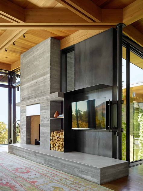 A modern pavilion house with astounding views of the Wasatch Mountains Olson Kundig Architecture, Kundig Architecture, Chimney Fireplace, Olson Kundig, Stone Lighting, Martis Camp, Mountain Hotel, Metal Beam, Great Salt Lake