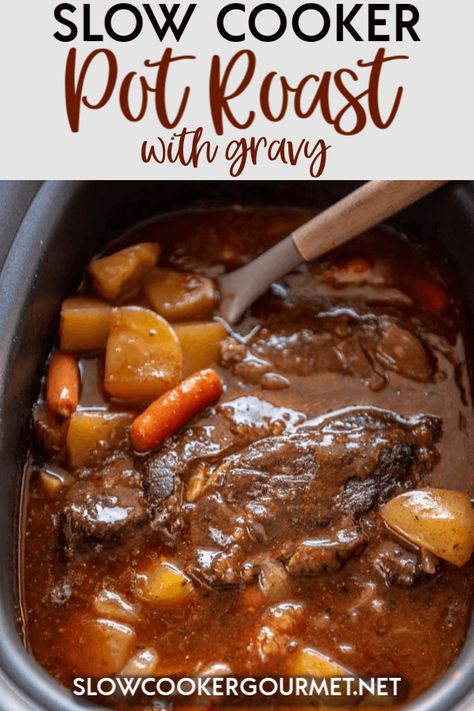 A classic meal with a few updates, this Slow Cooker Pot Roast with Gravy is easy to make and cooks with the gravy right in the pot for the perfect one-pot meal! #slowcooker #potroast #beefrecipes Roast Beef Crock Pot, Pot Roast With Gravy, Beef Crock Pot Recipes, Roast Beef Crock Pot Recipes, Roast With Gravy, Beef Crock Pot, Roast Slow Cooker, Crockpot Roast Recipes, Pot Roast Crock Pot Recipes