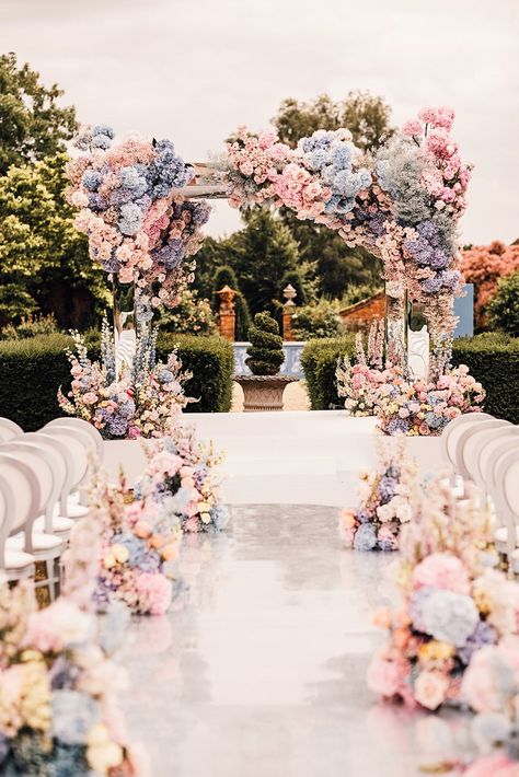 Four Seasons Hampshire outdoor wedding ceremony decorated with mirror cabana, aisle and pastel wedding flowers Garden Wedding Pastel Colors, Flowers Theme Wedding, Pastel Flower Arrangements Wedding Ideas, Pastel Wedding Photography, Wedding Pastel Decoration, Pastel Flower Decor, Pastel Decor Wedding, Pastel Colour Wedding Decoration, Pastel Reception Decor