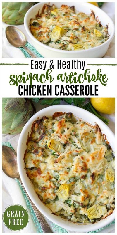 (ad) This Healthy Spinach Artichoke Chicken Casserole is total comfort food. It’s easy to make, packed with protein, brimming with spinach and artichoke hearts and full of flavor. | Recipes to Nourish // Gluten Free | Grain Free | Comfort Food | Real Food Healthy Spinach Artichoke Chicken, Grain Free Recipes Dinner, Spinach Artichoke Chicken Casserole, Grain Free Dinner, Real Food Dinner, Spinach Artichoke Chicken, Plats Healthy, Keto Lasagna, Artichoke Chicken