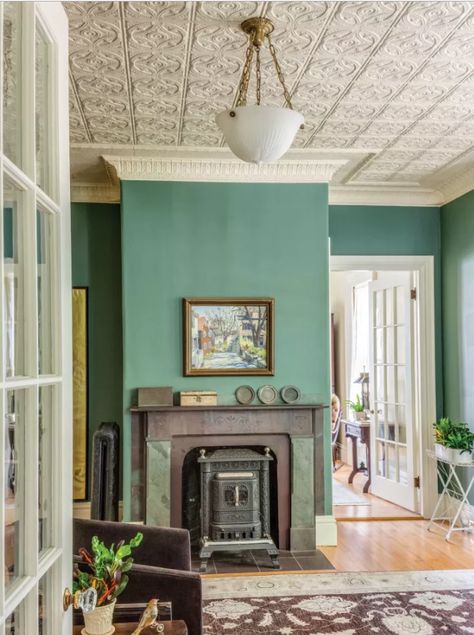 Amos O. Reed House, Brunswick — Maine Preservation Vintage Fireplace, Wallpaper Ceiling, Tin Ceiling Tiles, Ceiling Treatments, Home Makeover, Rustic Bathrooms, Tin Ceiling, Up House, Vintage Living Room