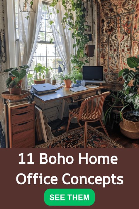 Discover 11 inspiring bohemian home office concepts to elevate your workspace! Bring a touch of creativity and comfort into your work environment with these unique ideas. Whether you prefer earthy hues, natural textures, or eclectic decor, there's something for every boho style. From cozy nooks to vibrant accents, these concepts will help you create a productive and inspiring home office space that reflects your personality. Embrace the free-spirited energy of bohemian design in your workspace t Boho Style Office Work Spaces, Boho Home Office Inspiration, Rustic Boho Office, Small Boho Office Ideas, Home Office Rental, Eclectic Study Room, Home Office Eclectic, Bohemian Home Office Decor, Boho Desk Organization