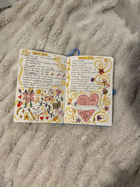 Write down all the things you want to keep in your life in 2024 and everything you want to let go of!! Ins And Outs Journal, Cute Journal Page Ideas, Diary Pages, Diary Ideas Creative, Everything Journal, Bond Paper Design, Journal Inspiration Writing, Bulletin Journal Ideas, Pretty Journals